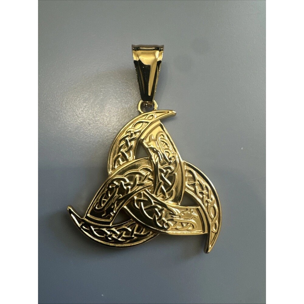Trinity Triple Crescent Moon Pendant Stainless Steel Pagan 24โ Chain Gold Plated